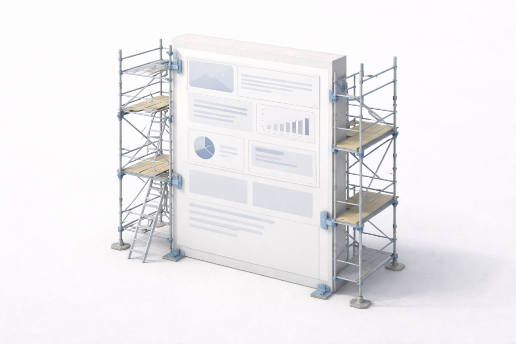 A large report-style panel with charts and diagrams stands upright while scaffolding surrounds it, suggesting structured content under construction or refinement.