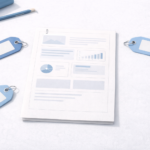 A printed report with charts and graphs lies on a desk, framed by blue key tags, a pencil, binder clips, and rolled papers.
