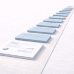 A perspective view shows a long sequence of blue content cards aligned in a row, gradually receding into the distance like a structured content pipeline.