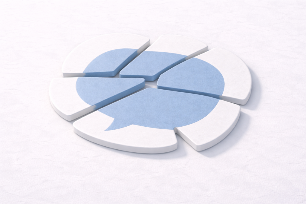A blue-and-white speech bubble icon is assembled from separated curved segments arranged in a circular layout.