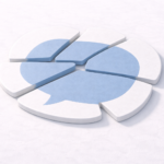 A blue-and-white speech bubble icon is assembled from separated curved segments arranged in a circular layout.
