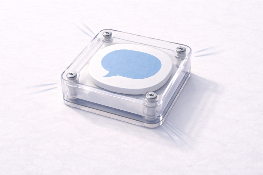 A transparent square housing contains a circular chat icon button secured with visible screws, suggesting a tactile interface.