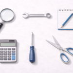 A neatly arranged flat lay shows common tools and office items including a magnifying glass, wrench, calculator, screwdriver, scissors, and a notepad with a pencil.