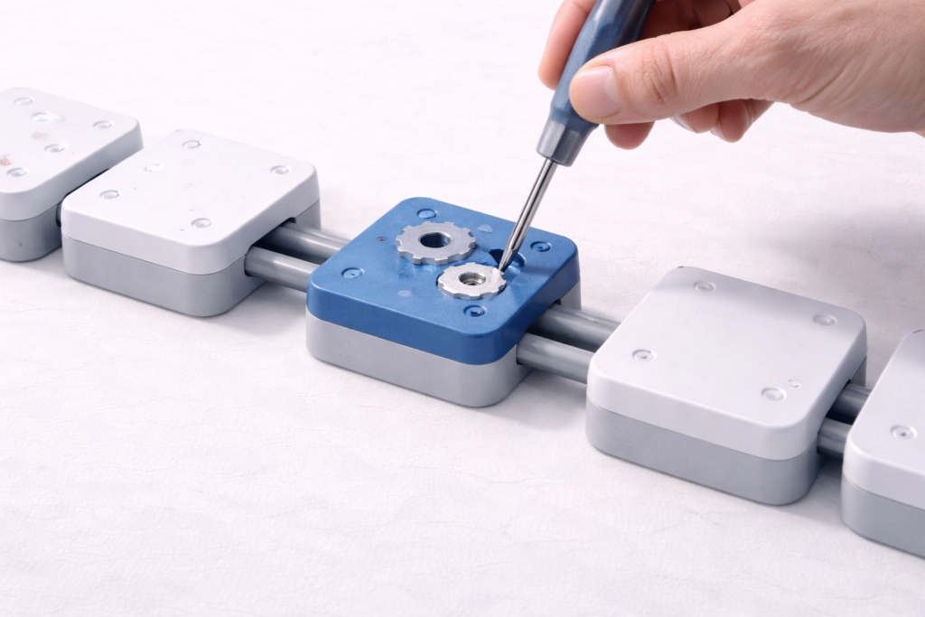 A hand uses a screwdriver to adjust a blue mechanical module connected between white rectangular components on a rail.