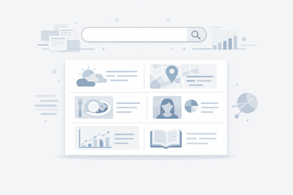 Illustration of a modern search interface showing a search bar above a dashboard of cards with icons for weather, maps, food, user profiles, analytics, and documents, representing answer-based search results.
