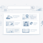 Illustration of a modern search interface showing a search bar above a dashboard of cards with icons for weather, maps, food, user profiles, analytics, and documents, representing answer-based search results.