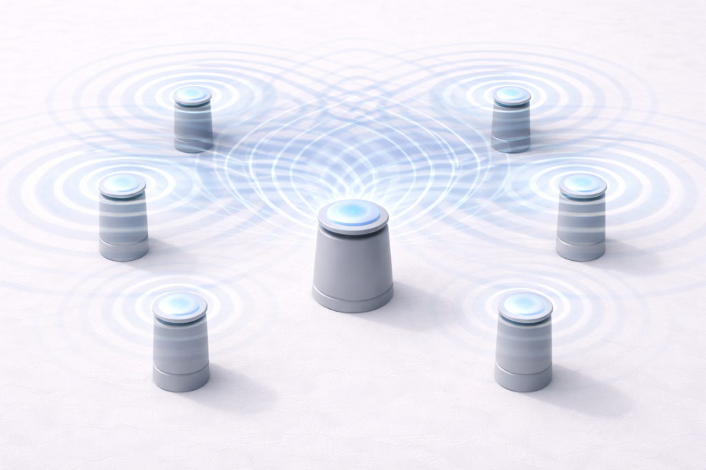 A group of cylindrical nodes emits overlapping circular signals, visualizing a network of distributed connections radiating from multiple points.