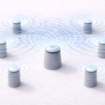 A group of cylindrical nodes emits overlapping circular signals, visualizing a network of distributed connections radiating from multiple points.