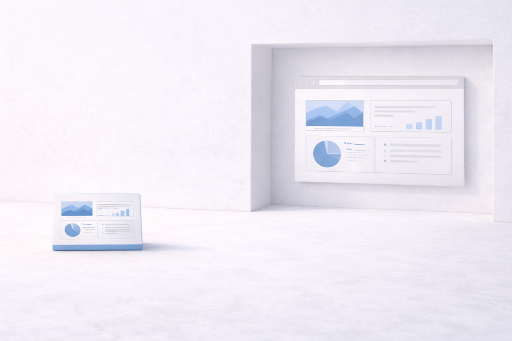 A minimalist scene showing a small dashboard-style analytics panel on the floor facing a larger wall-mounted display with charts and metrics, representing information scaling from compact to full view.