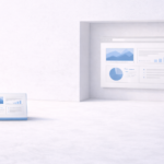 A minimalist scene showing a small dashboard-style analytics panel on the floor facing a larger wall-mounted display with charts and metrics, representing information scaling from compact to full view.