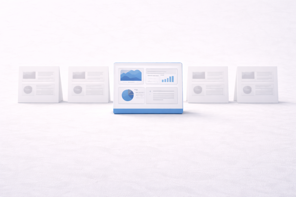 A central dashboard card with charts and metrics is highlighted while similar cards fade into the background in a clean, minimal space.