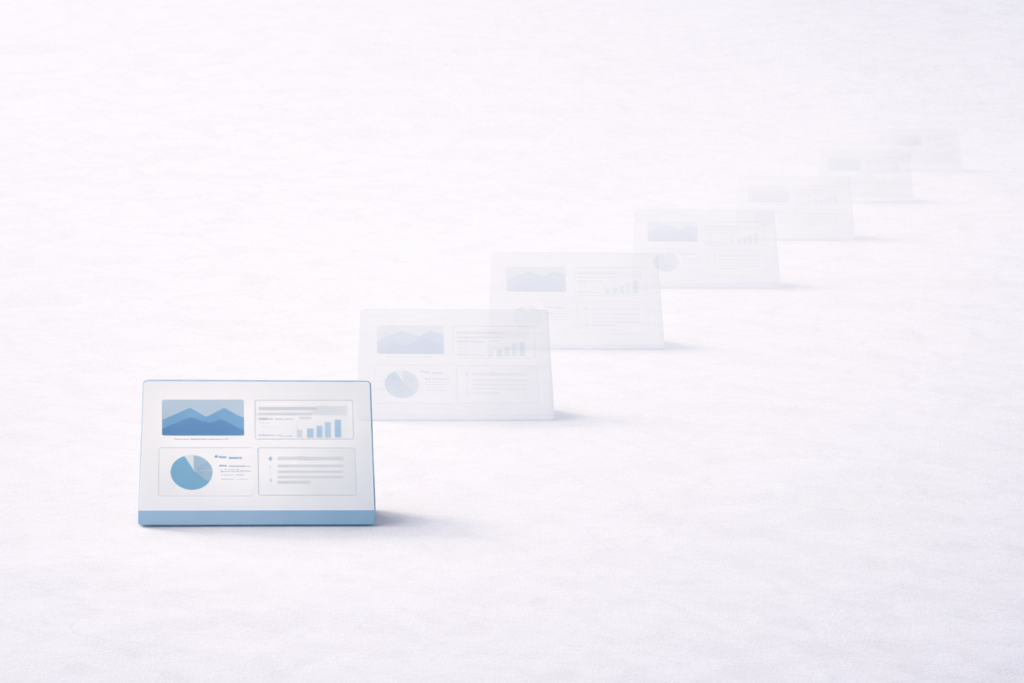 A sequence of dashboard cards recedes into the distance, illustrating progressive steps or staged distribution across a clean, abstract plane.