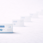 A sequence of dashboard cards recedes into the distance, illustrating progressive steps or staged distribution across a clean, abstract plane.
