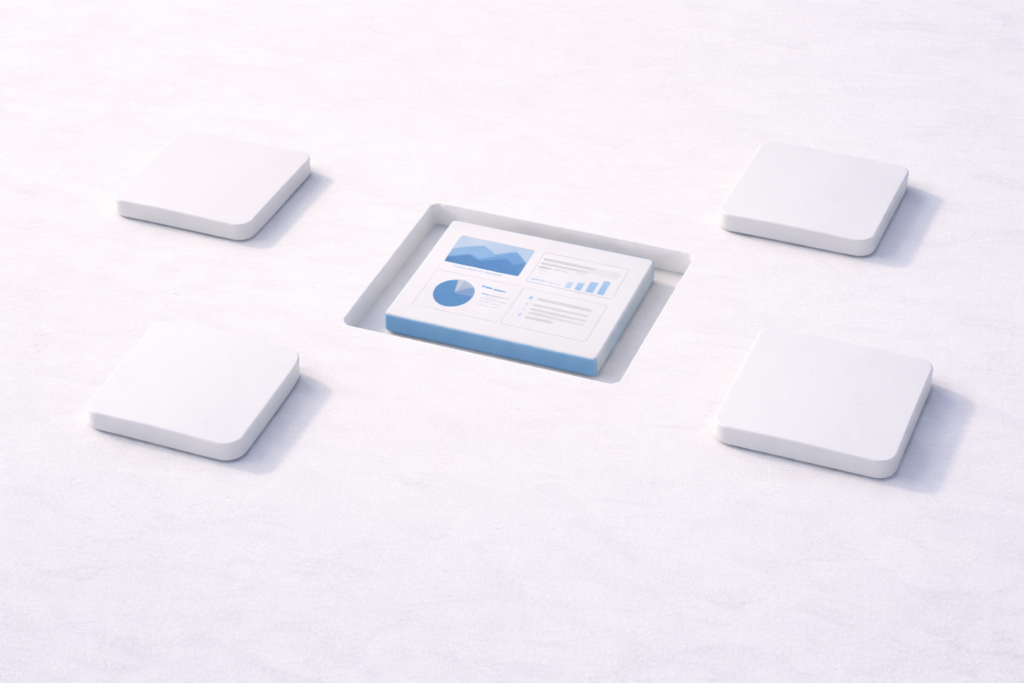 A central content card with charts and text is revealed among surrounding blank tiles, suggesting a selected or highlighted answer within a structured system.