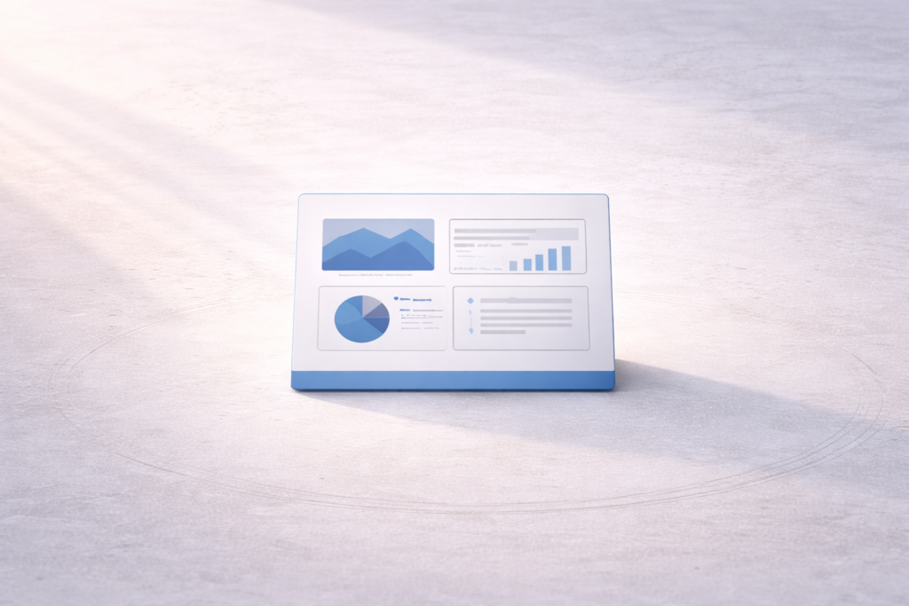A single analytics dashboard card sits centered on a softly lit surface, surrounded by subtle concentric rings that suggest focus or selection.