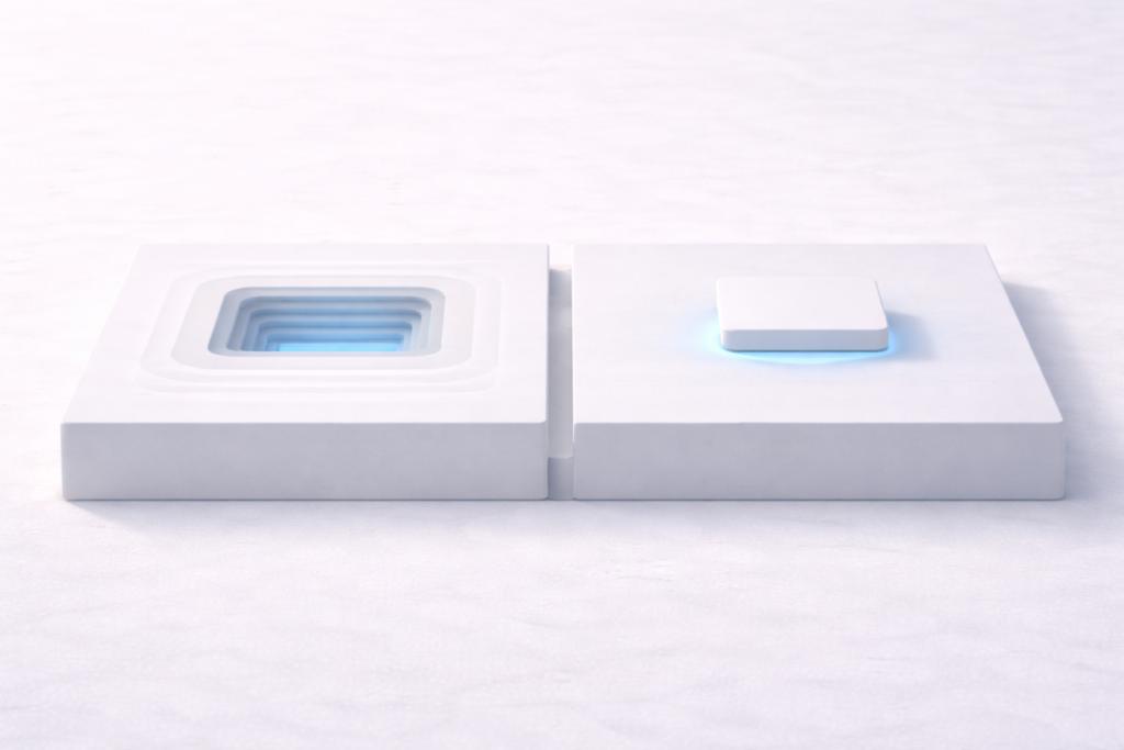 Two adjacent white platforms contrast depth and elevation, with one showing a recessed layered cavity and the other highlighting a raised block glowing softly in blue.