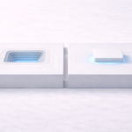 Two adjacent white platforms contrast depth and elevation, with one showing a recessed layered cavity and the other highlighting a raised block glowing softly in blue.