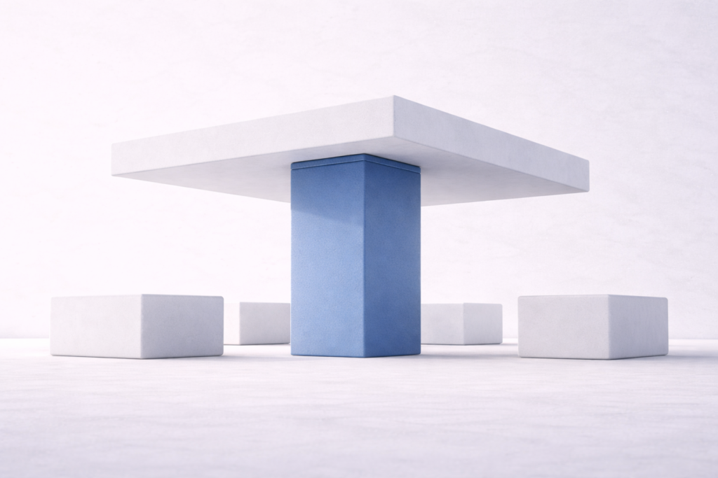 A blue pillar supports a wide white platform while smaller white blocks sit evenly spaced around it, suggesting a central structure carrying multiple elements.