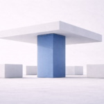A blue pillar supports a wide white platform while smaller white blocks sit evenly spaced around it, suggesting a central structure carrying multiple elements.