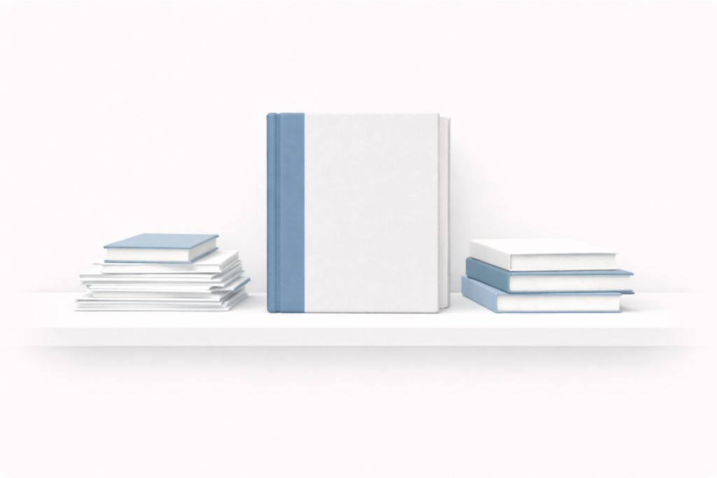 Illustration of a large central book flanked by smaller stacks of books, representing a primary reference supported by related materials.