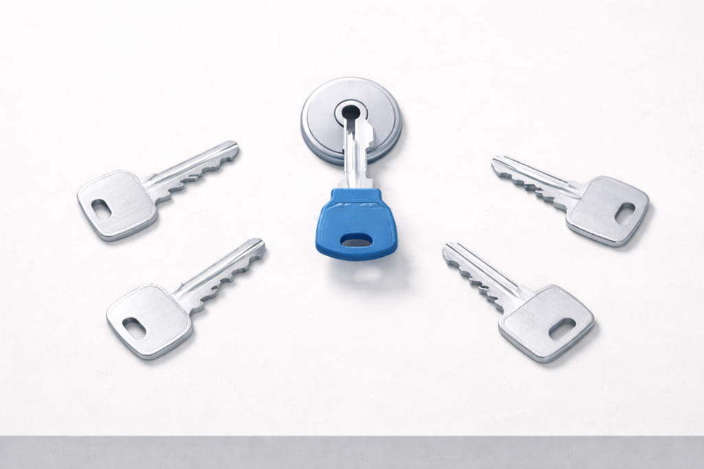 Illustration of several identical keys surrounding a single key inserted into a lock, representing one correct choice or access point among many options.
