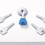 Illustration of several identical keys surrounding a single key inserted into a lock, representing one correct choice or access point among many options.