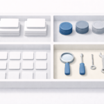 Illustration of a neatly organized tray with compartments holding content blocks, data tokens, and analysis tools, representing structured components used to evaluate and assemble answers.
