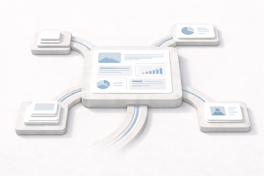 Illustration of a central content hub connected to several supporting content nodes, representing a pillar page linked to related pages in a topic cluster.