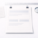 Illustration of a document layout with clipped pages, a checklist, a ruler, and a magnifying glass, representing structured review and evaluation of content.