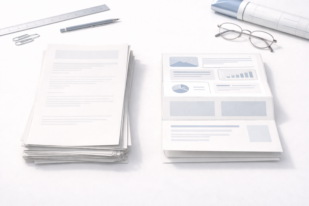 Two stacks of documents on a white desk, with one stack showing plain text pages and the other displaying charts and graphs, surrounded by drafting tools and glasses.