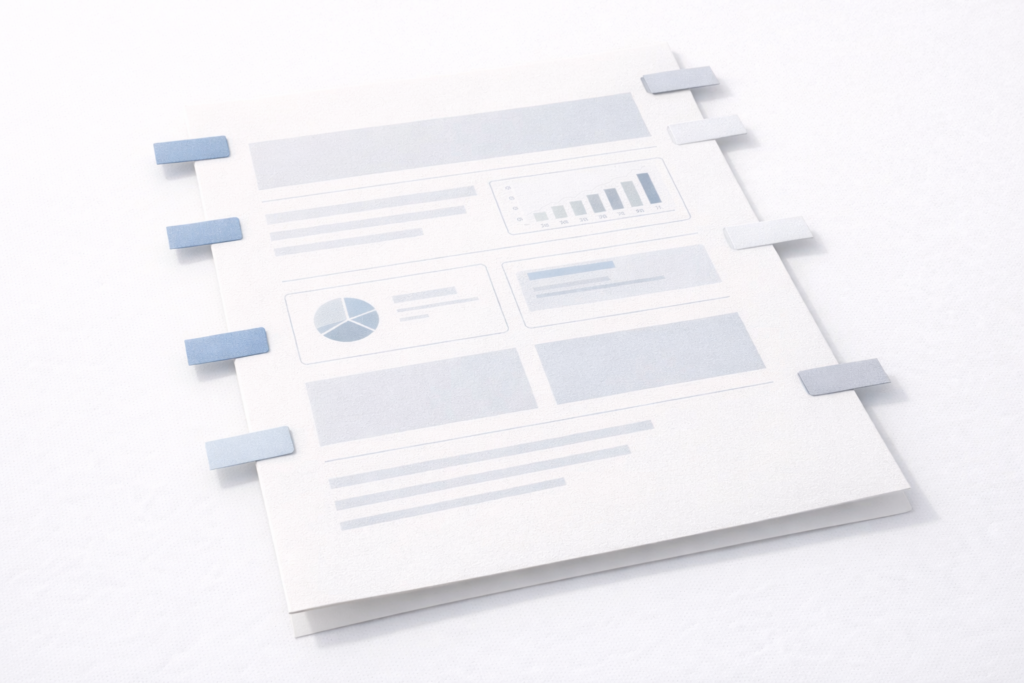 A minimalist illustration of a document layout with charts and text sections, marked by blue tabs along the edges to indicate organized sections or revisions.